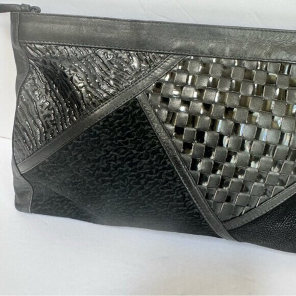 Vintage 80s Intrecciato Leather Suede Woven Large Clutch Bag Zip black Italy Tie - Picture 4 of 16